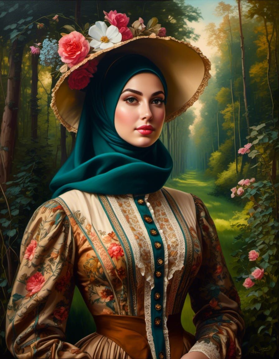 Victorian Woman with Hijab in Mystic Forest