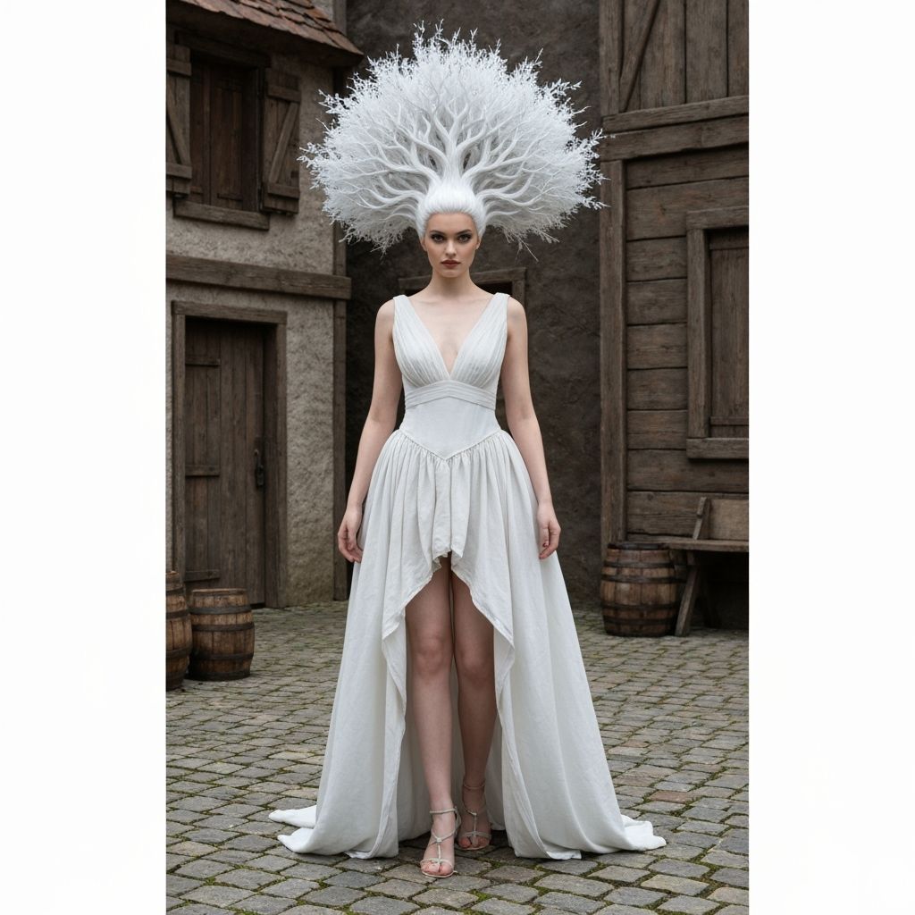 Model with White Tree-Shaped Hair on Rustic Square