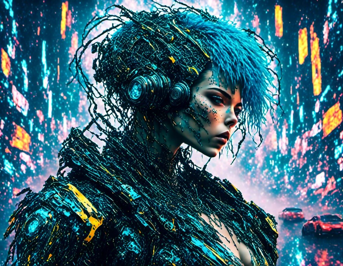 Cyborg Constructing Motorcycle in Biopunk Cybernetic Style