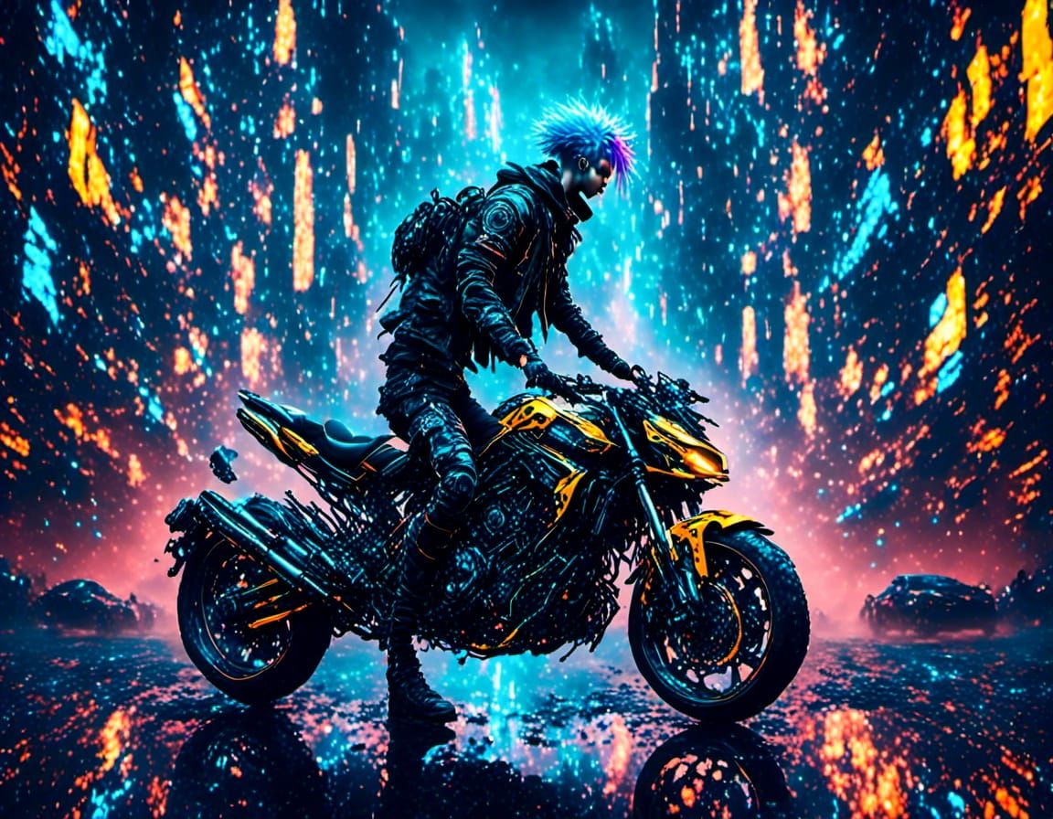 Cyberpunk Cyborg Building Futuristic Motorcycle