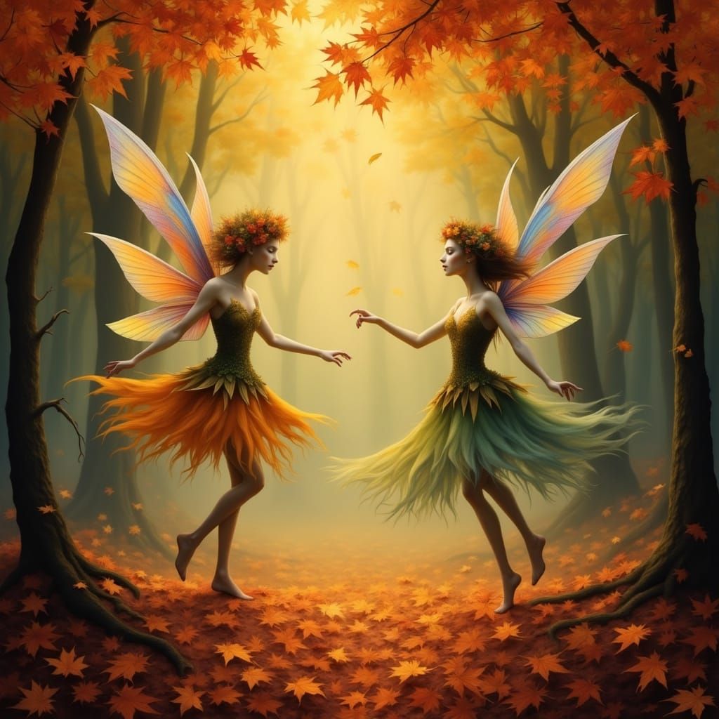 Autumn Fairies Dancing in Enchanted Forest with Volumetric L...