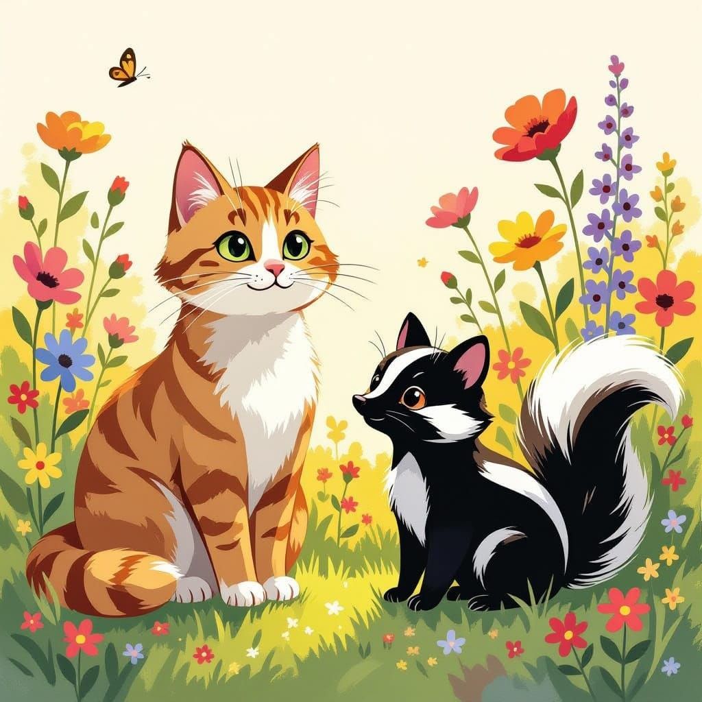 Friendly Cat and Skunk in Wildflower Meadow