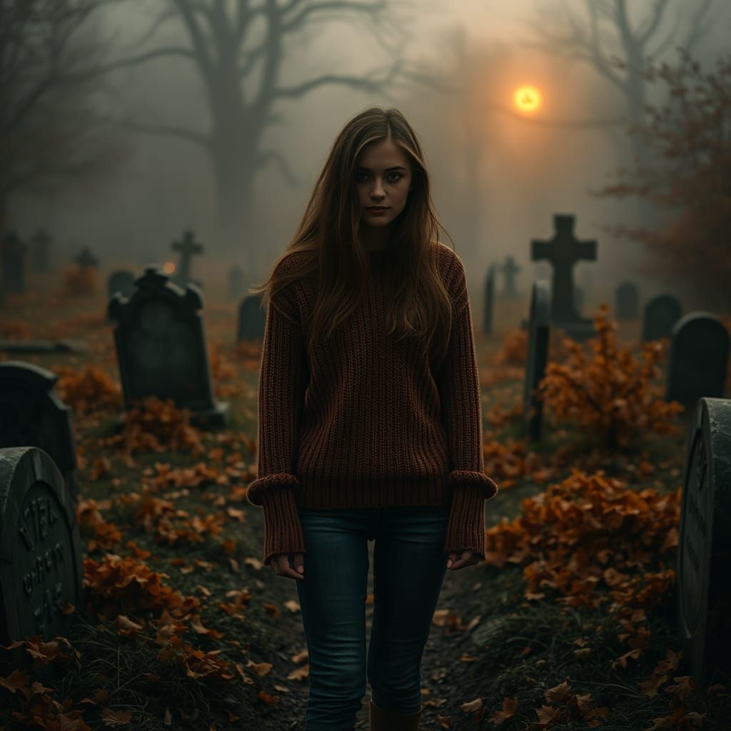 Melancholic Woman in Graveyard with Autumnal Foliage