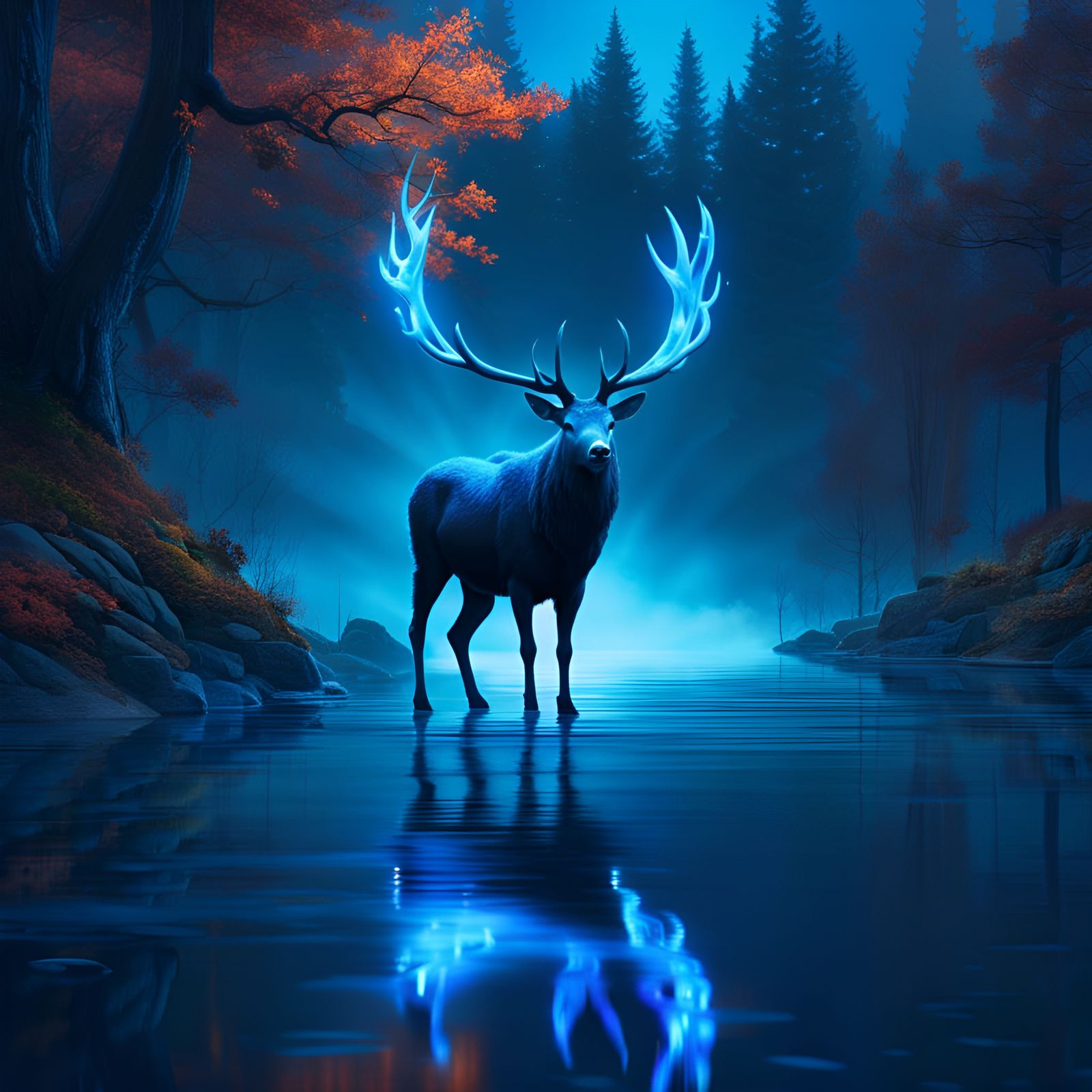 Blue Stag Patronus Over Lake in Fantasy Style