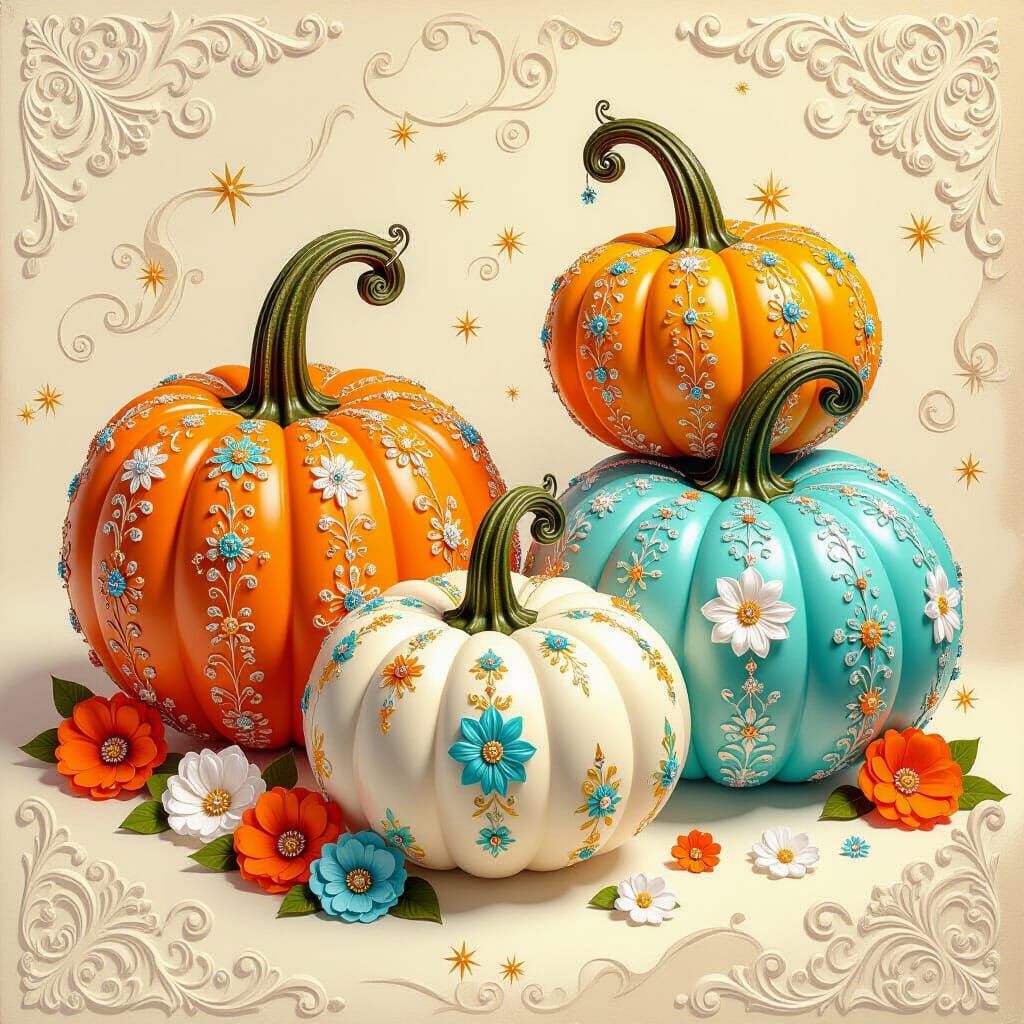 Surreal Pumpkins Adorned with Ornate Details in Vivid Colors