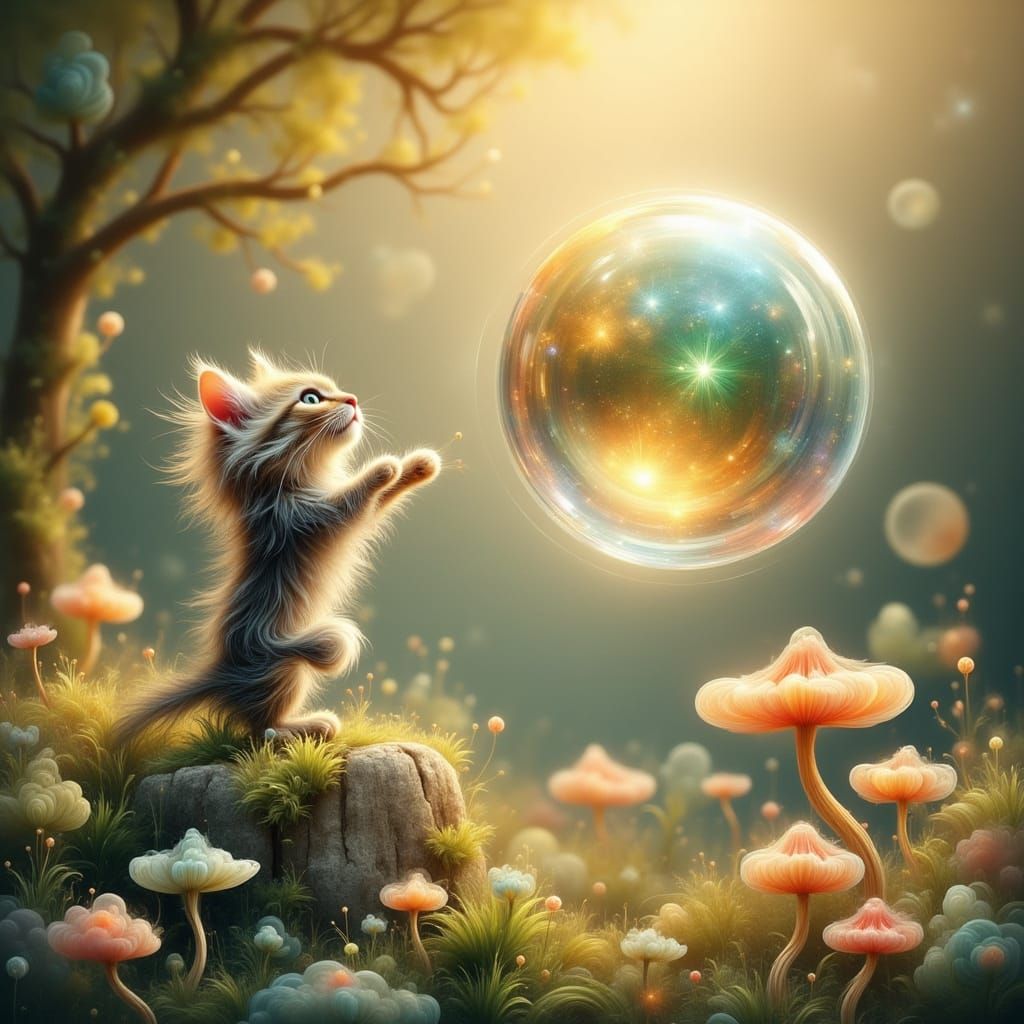 Tiny Kitten Plays with Giant Reflective Soap Bubble