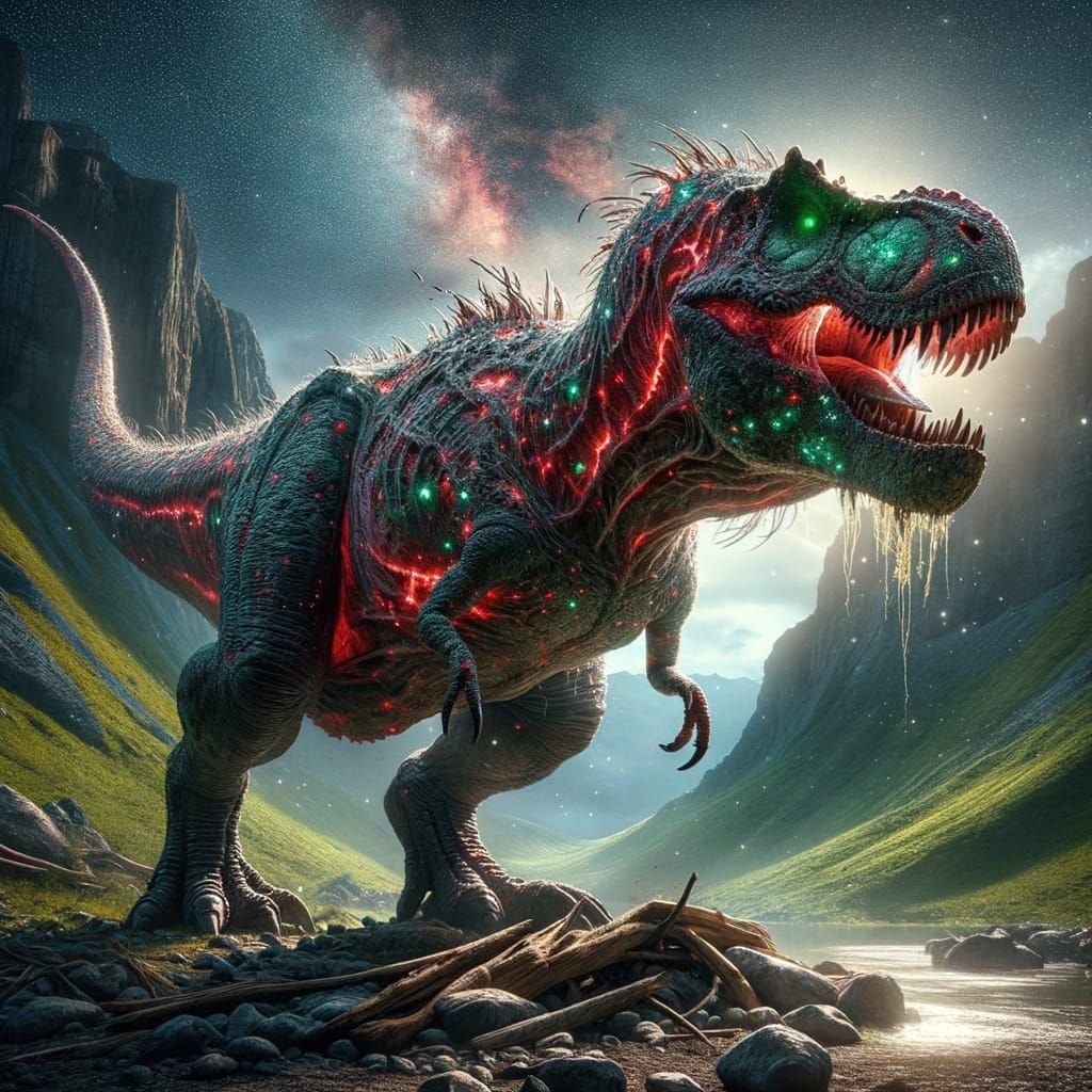 Mutated T-Rex Roars in Rocky Landscape, Ukiyo-e Romantic Sty...