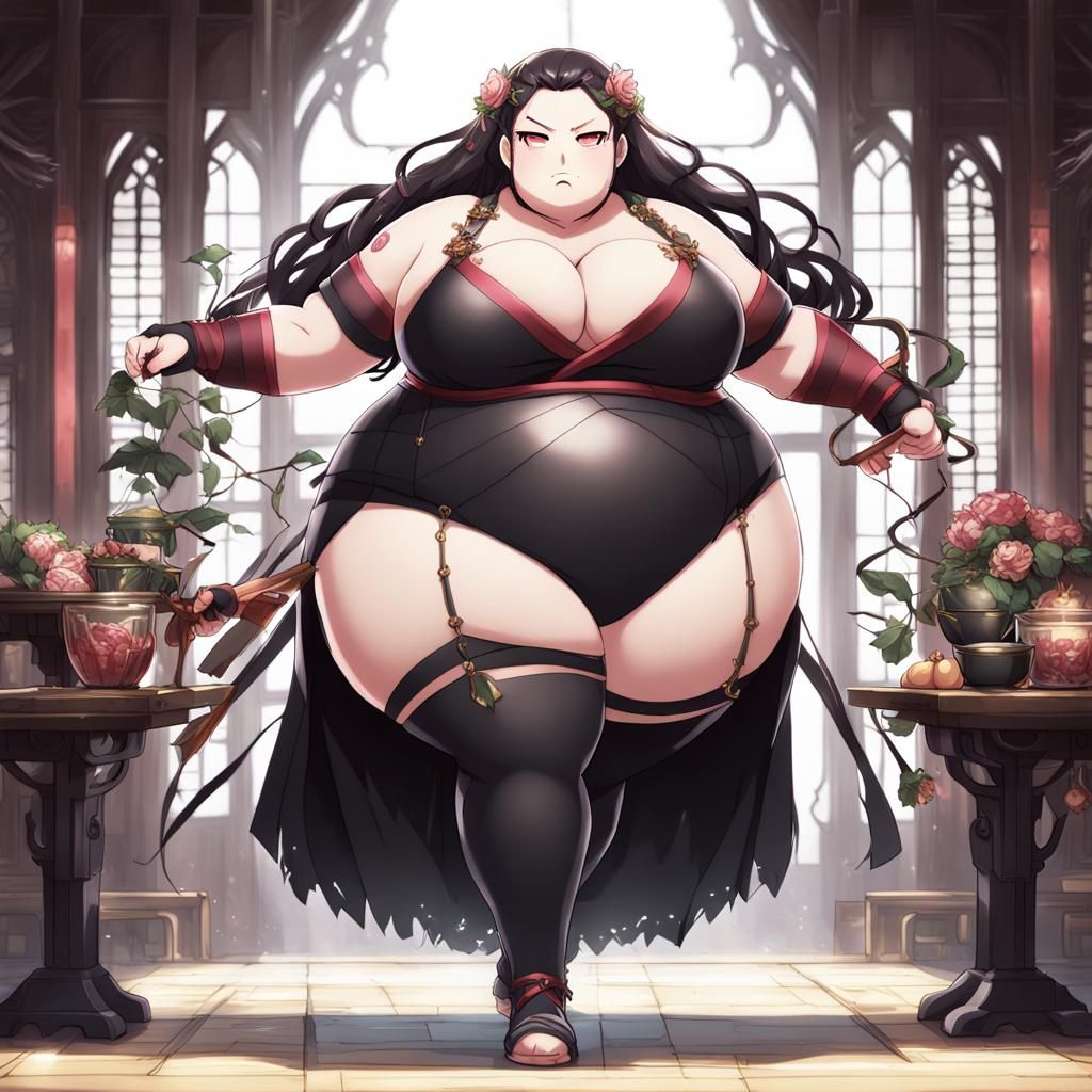 Gothic Obese Woman in Anime Art Style