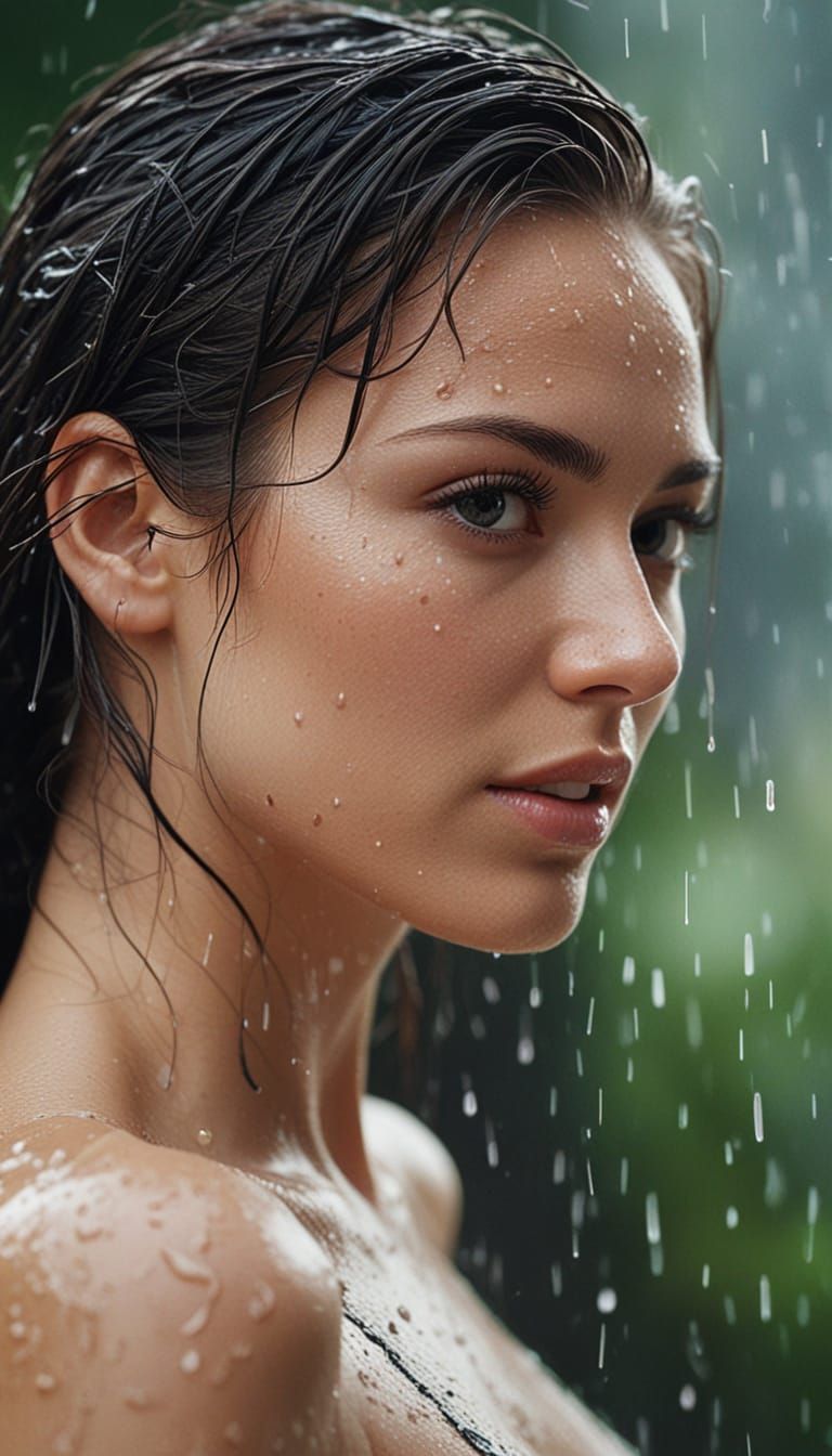 Beautiful Woman Winking, Wet Hair, Cinematic Photorealism