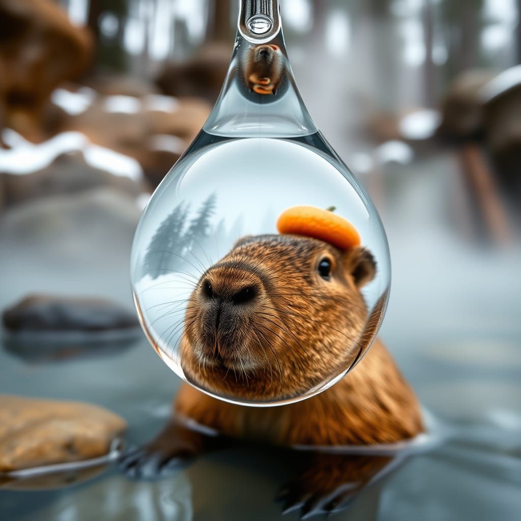 Capybara in water droplet
