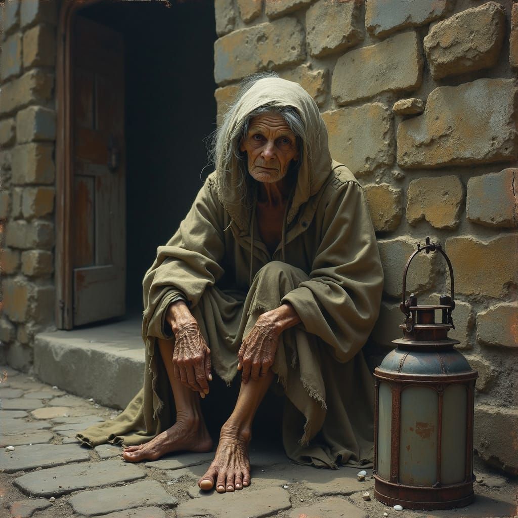 Elderly Woman in Medieval Street, Gritty Realism