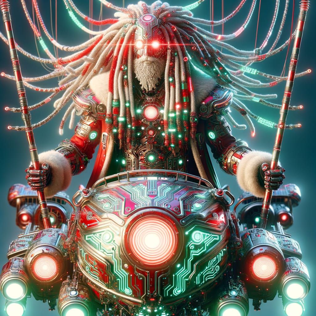 Cyberpunk Santa Claus in Metallic Red and White Outfit