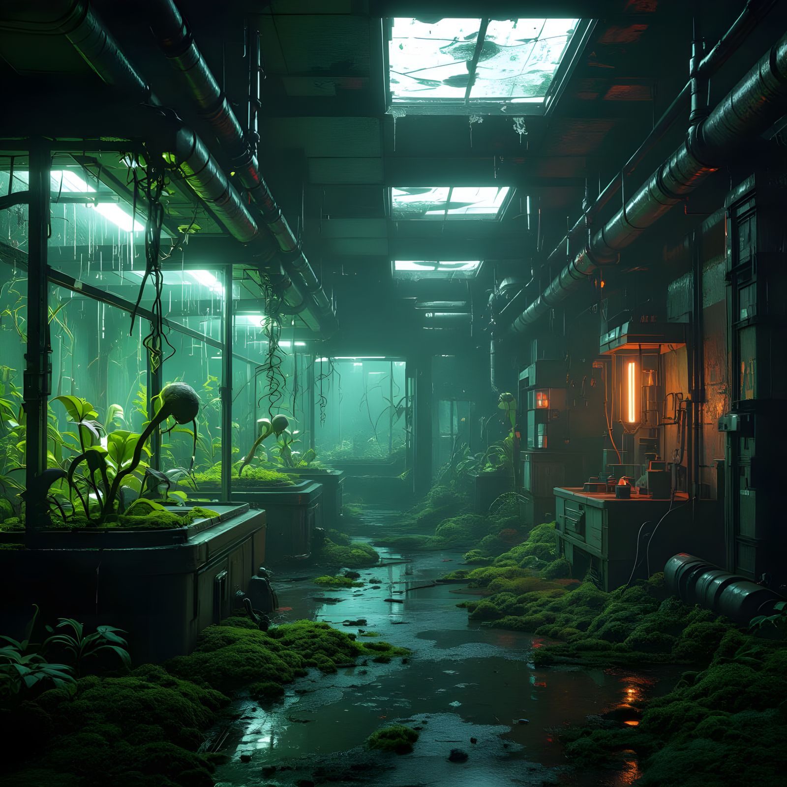 Overgrown Sci-Fi Lab with Bioluminescent Flora