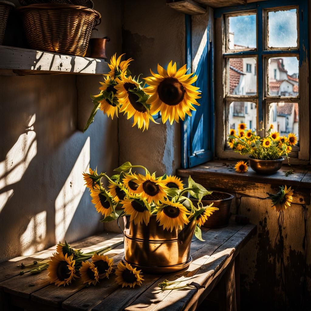 Sunflowers and Delft Blue Flowers in Copper Bucket