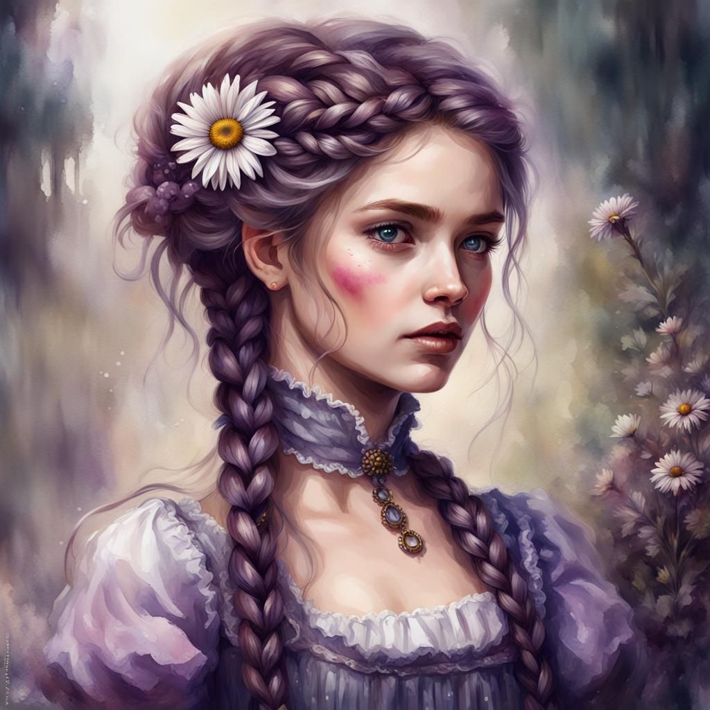 Girl with Purple Eyes in Watercolor Painting