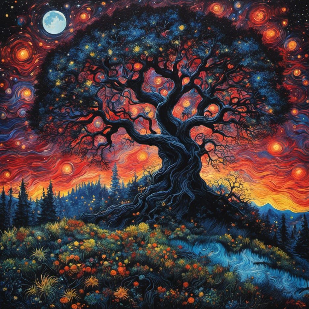 Gothic Starry Night Sky with Oak Tree