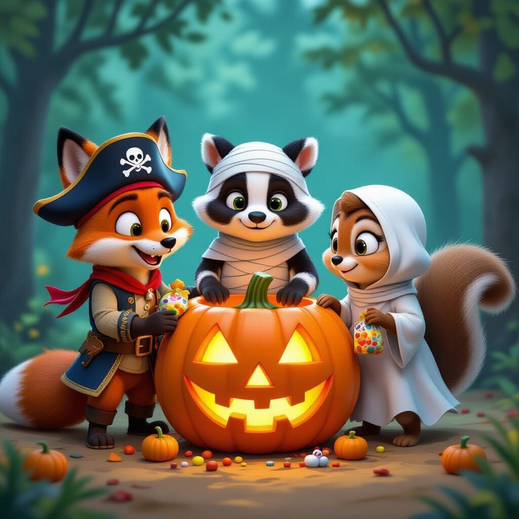 Woodland Creatures in Costumes Around a Jack-o'-Lantern