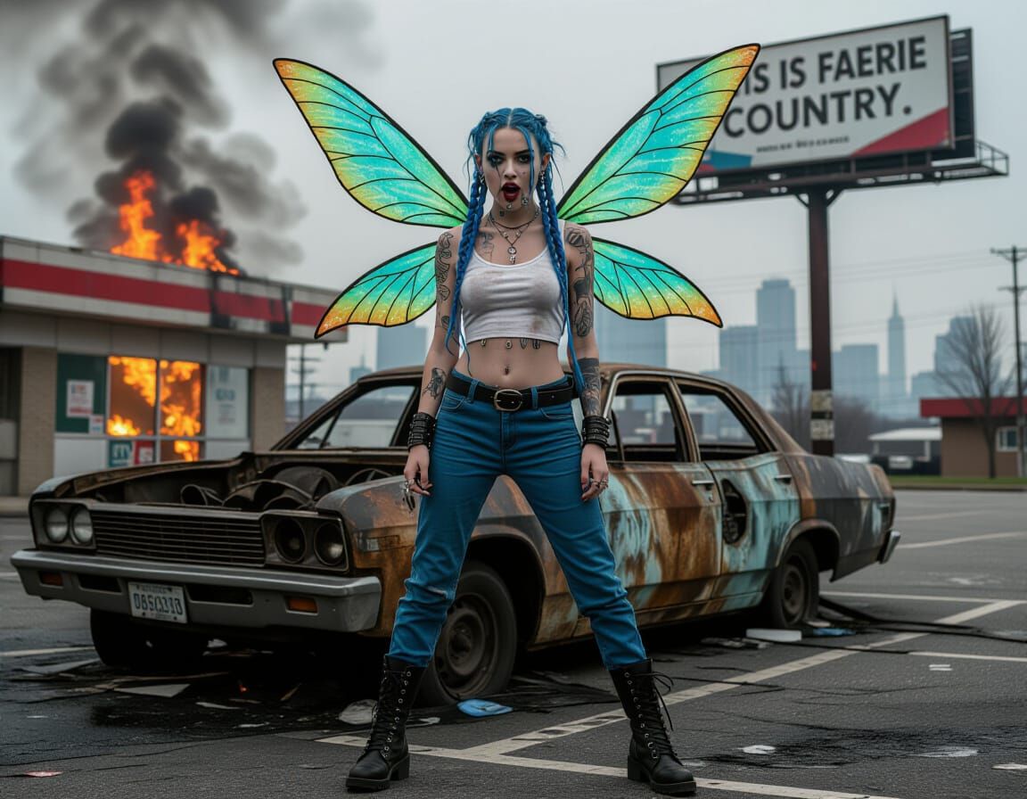 Cyberpunk Fairy with Insect Wings in Burning City