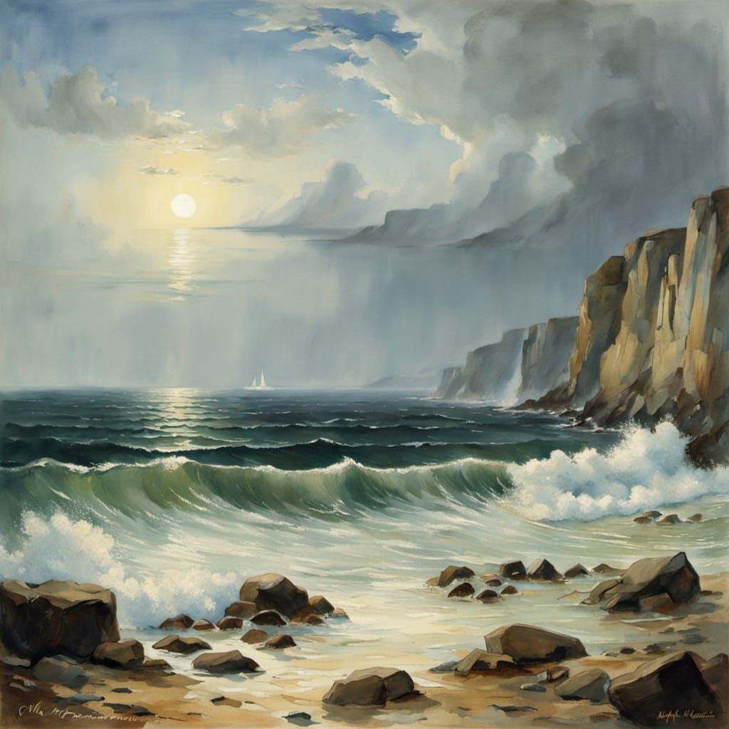 Ethereal Victorian Lady on Cliffside Amidst Dramatic Sea Sce...