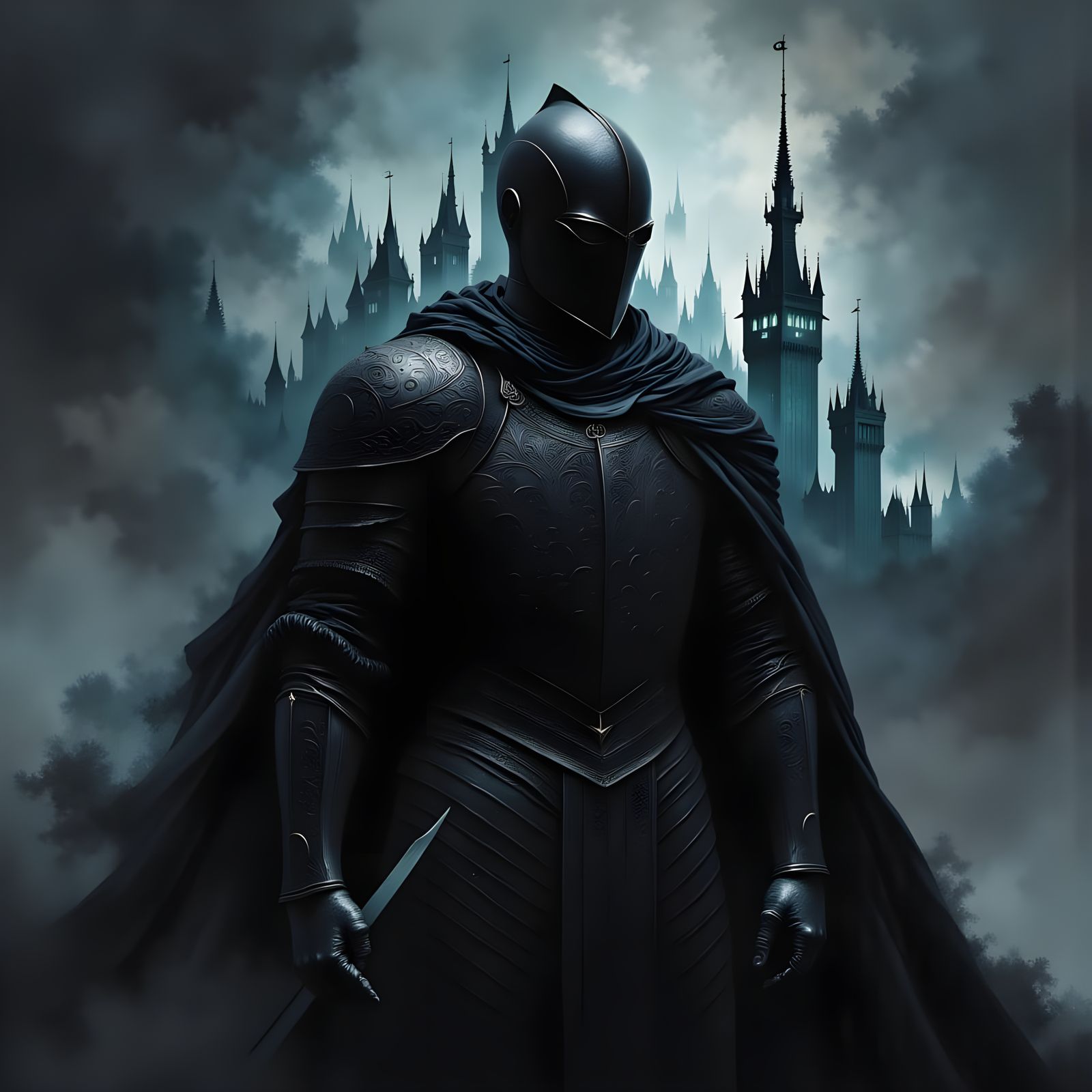 Stoic Black Knight with Ebony Blade and Ghostly Castle