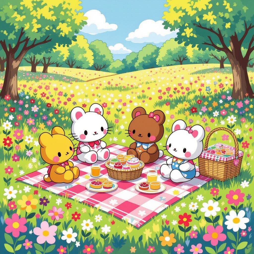 Sanrio Picnic in a Blooming Meadow, Pop Art Style