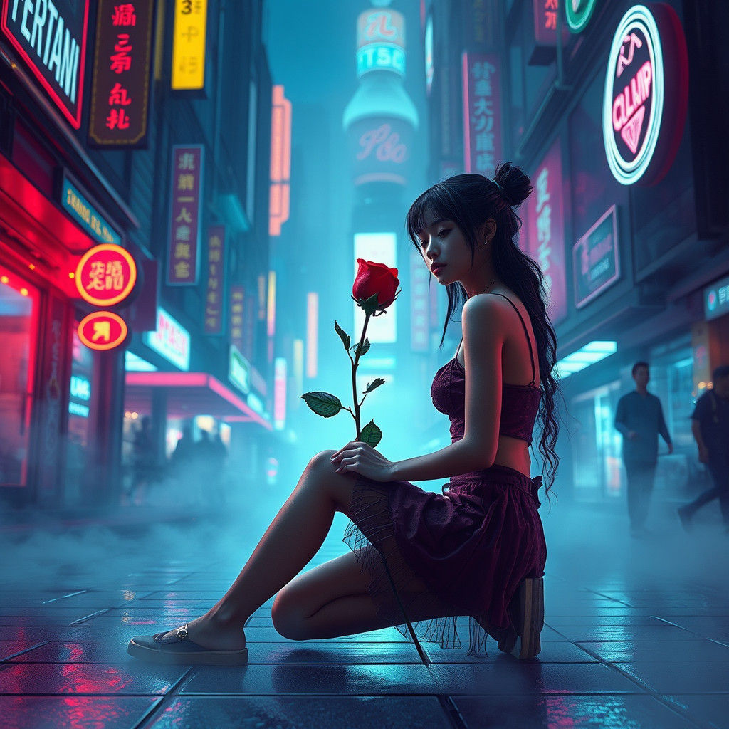 Woman with Rose in a Neon Cityscape
