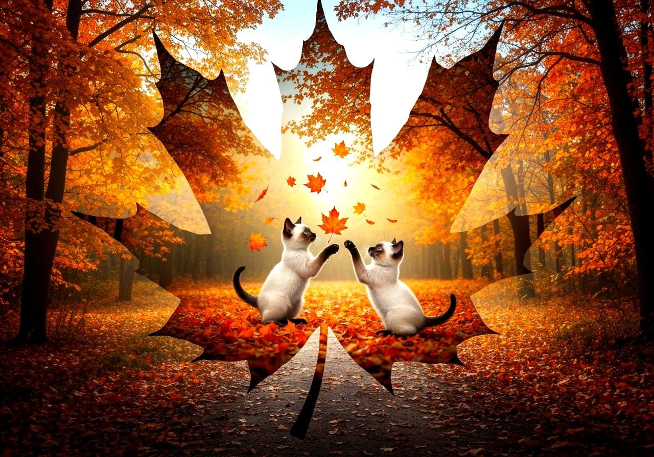 Siamese Kittens Play in Autumn Maple Leaf Double Exposure