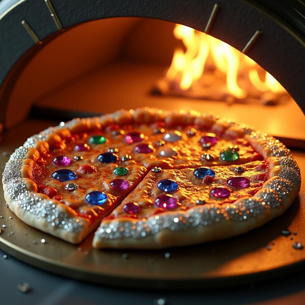 Ultra detailed picture of a jewelry encrusted pizza. The cru...