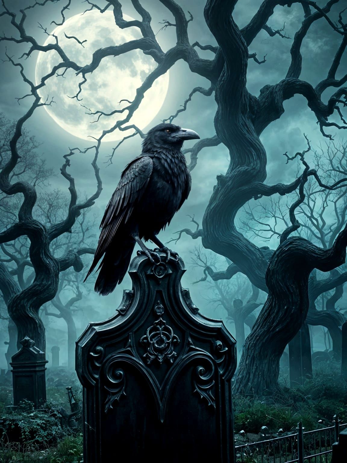 Gothic Raven in Cemetery, Classic Horror Style
