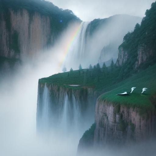 Majestic Waterfall in Pointillist Dreamscape