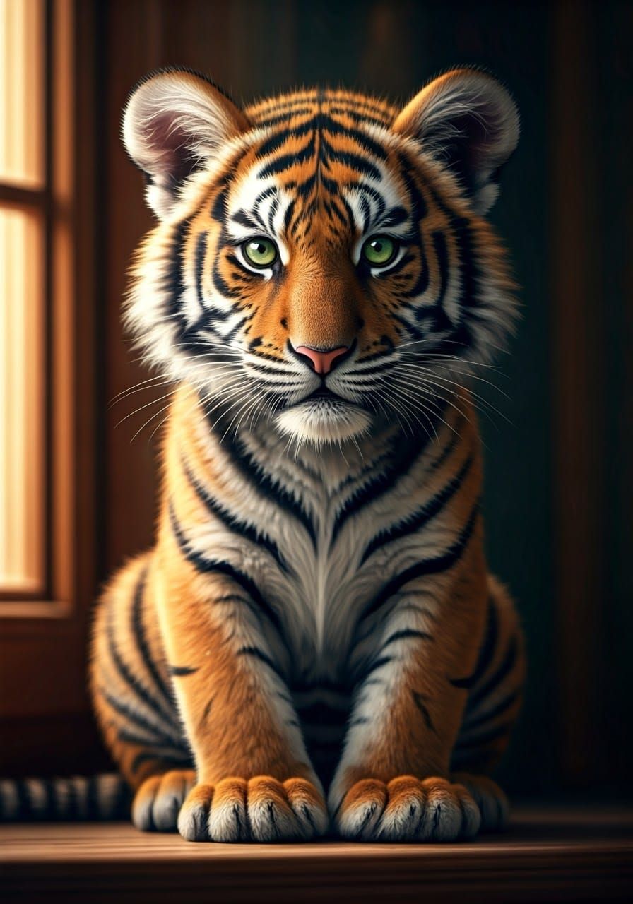 Miniature Tiger with Green Eyes in Domestic Setting