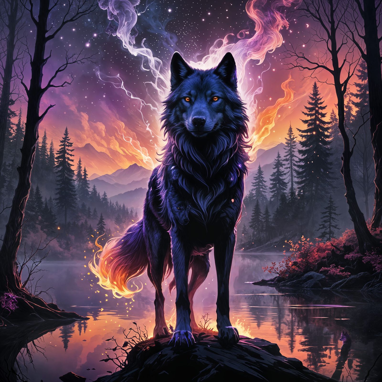 Ethereal Wolf of Light and Magic in Forest