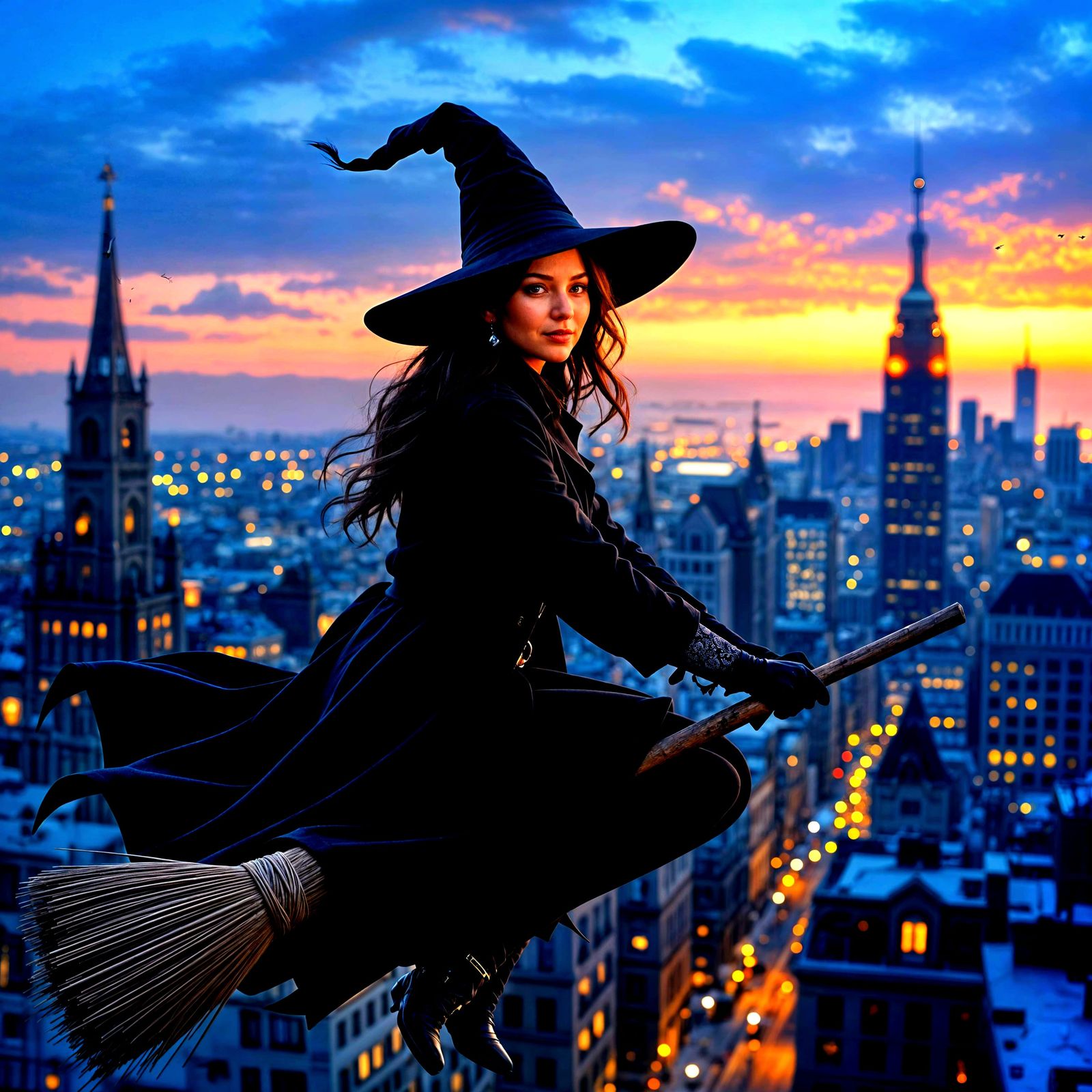 Modern Witch on Broomstick, Photorealistic Style