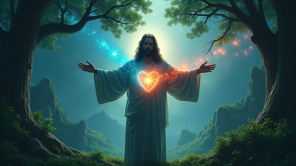 Jesus in Twilight Forest with Cosmic Nebula