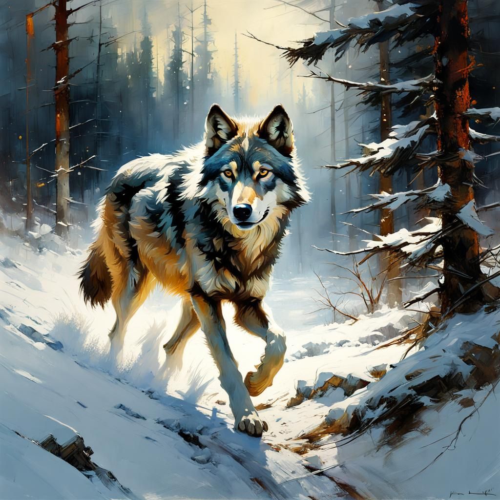 Gray Wolf in Snowy Forest: Matte Painting