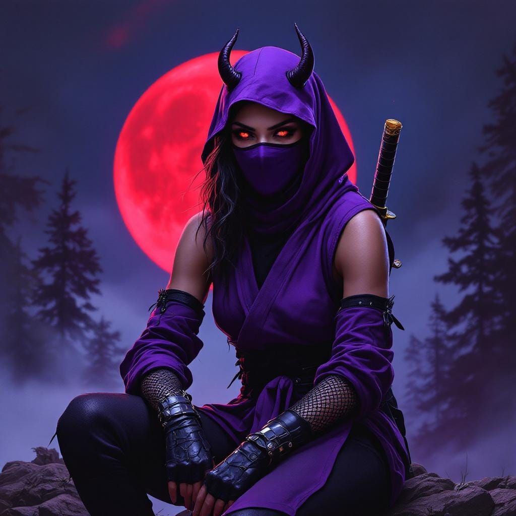 Ninja in Forest with Red Moon, 80s Movie Art
