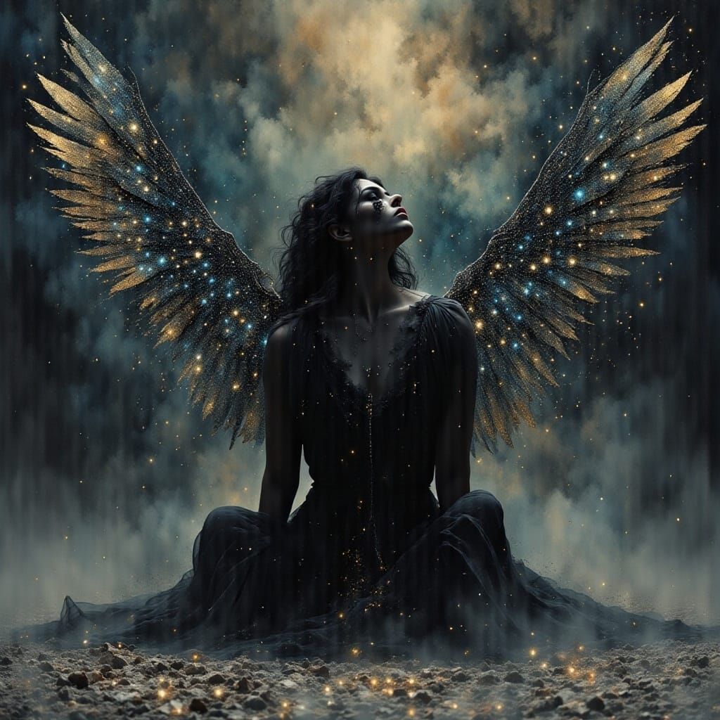 Dark Angel with Broken Wings in Digital Painting Style