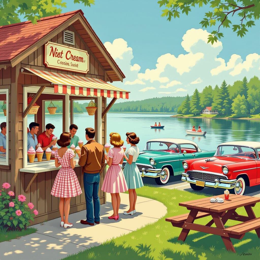Nostalgic Lakeside Ice Cream Stand in 1960s Style