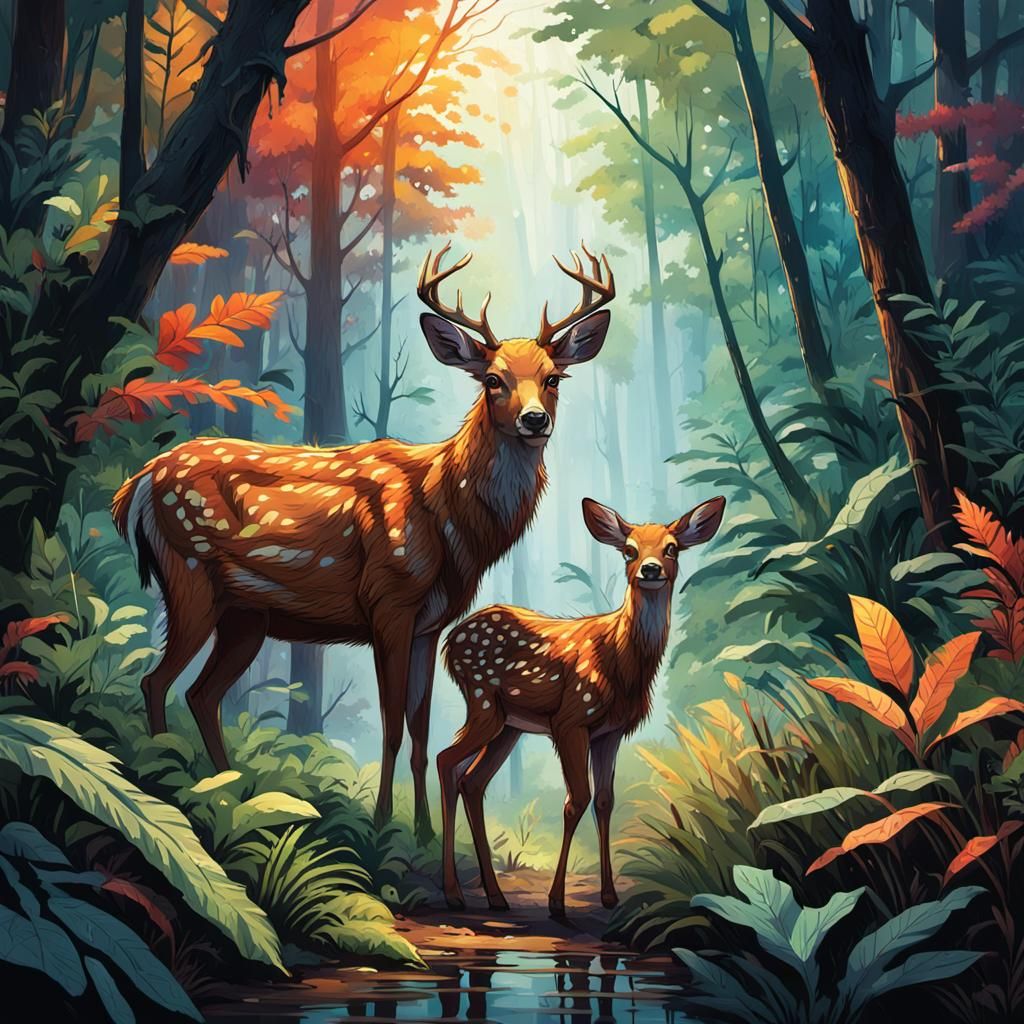 Frightened Young Deer in the Jungle, Mother Cries in the Dis...