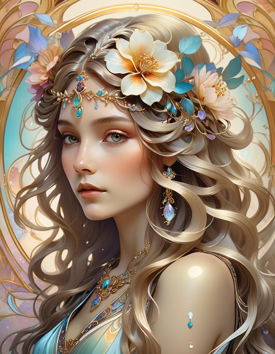 Art Nouveau Portrait of Woman with Flowers