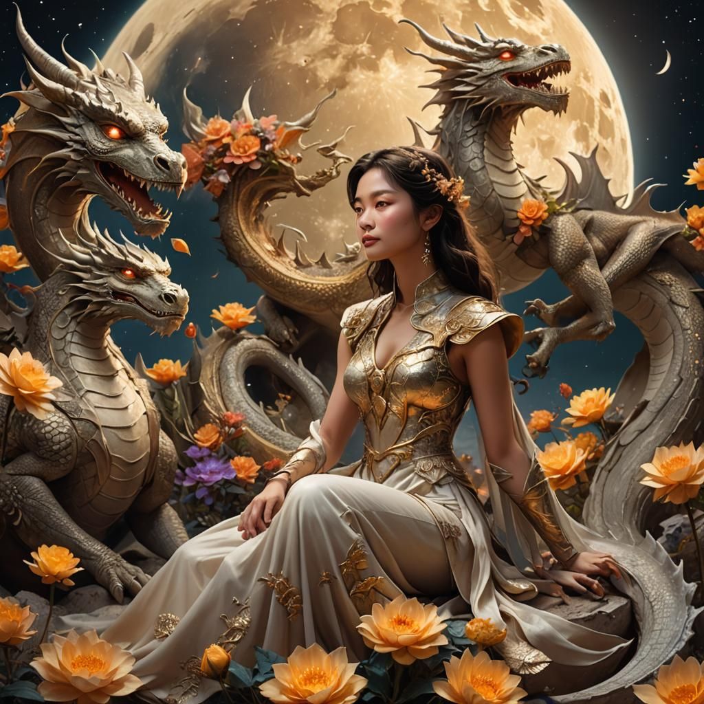 Woman on Moon with Dragons: Hyperrealistic Digital Art