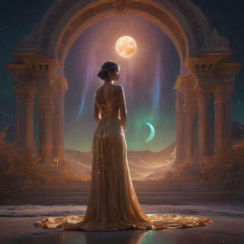 Moon Goddess in Baroque Aurora Landscape