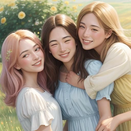 Friends Embracing in Sunny Meadow: Impressionist Art