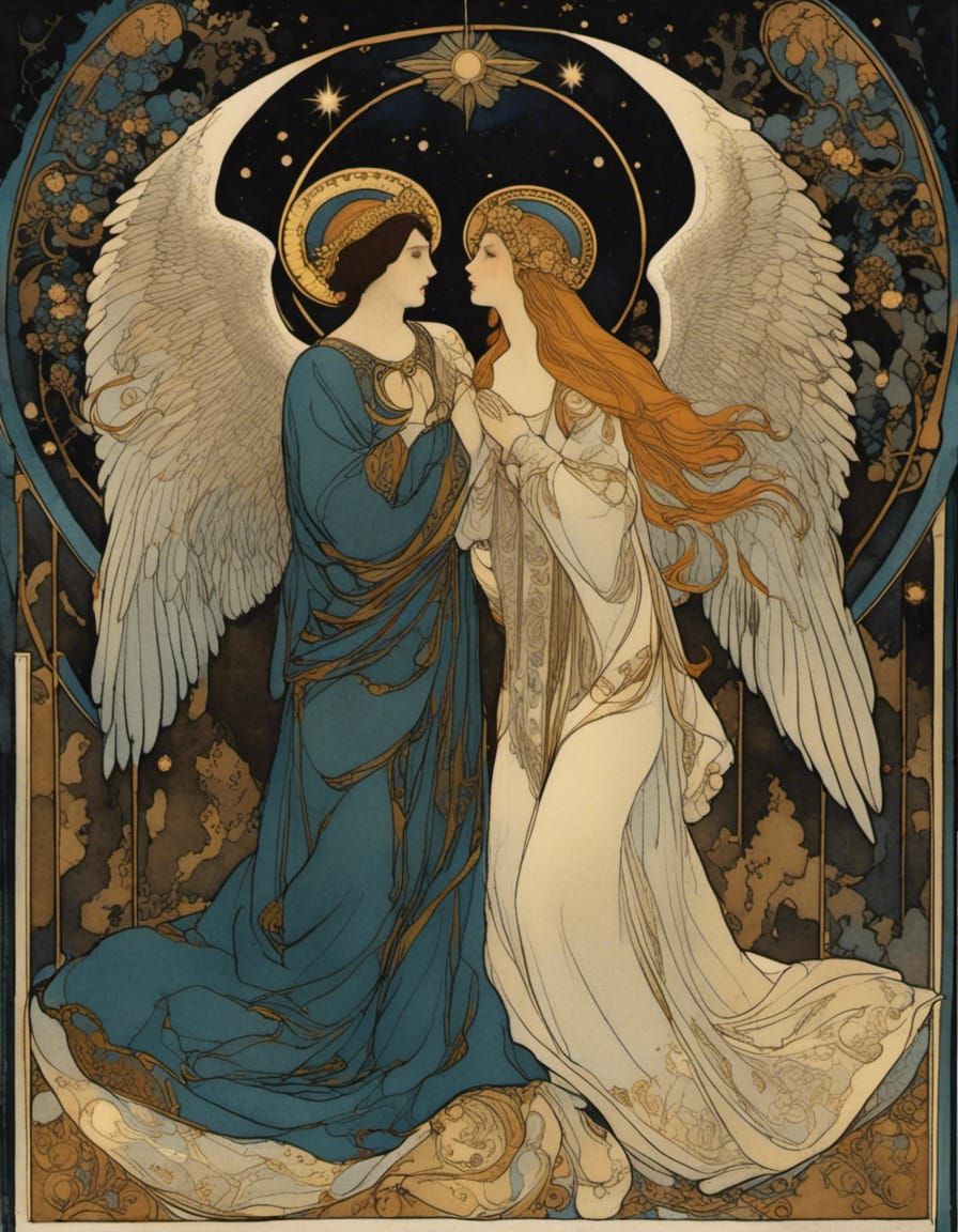 Art Deco Celestial Love in Romantic Watercolor Style