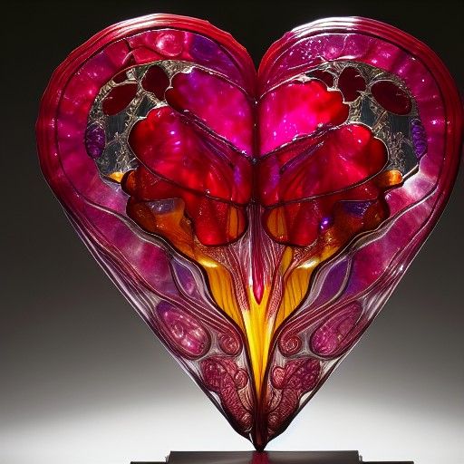 Cracked Ruby Heart Sculpture: Ornate Glasswork
