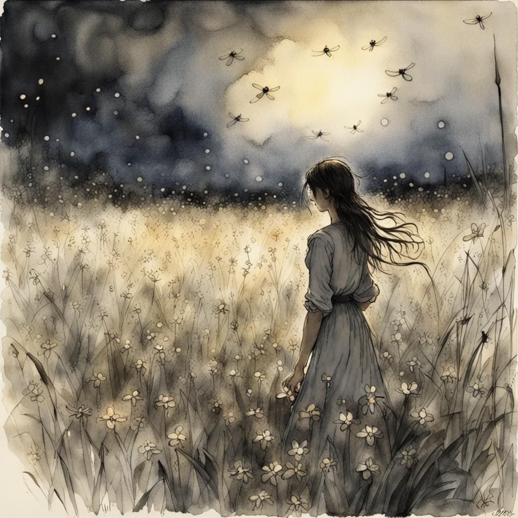 Ink+wash, watercolor, a field at night, full of grass and Pl...