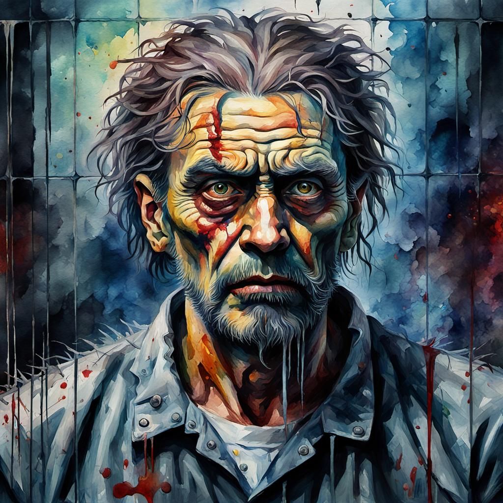 Grotesque Watercolor of a Psychotic Serial Killer