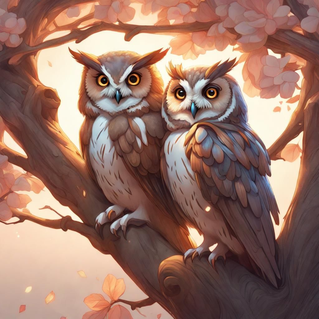 Romantic Owl Couple Portrait in Hyperdetailed Digital Art