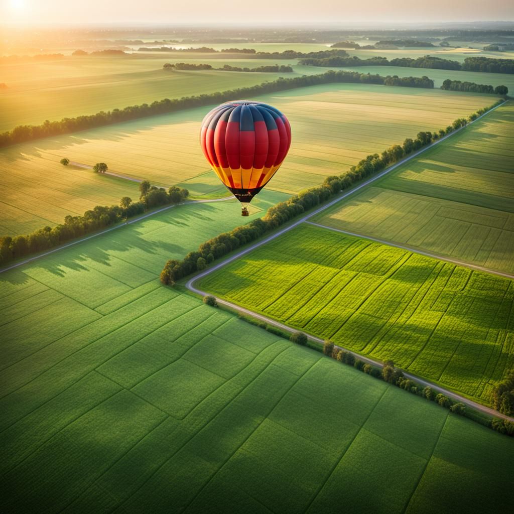 Hot Air Balloon Over Green Fields: Professional Photography