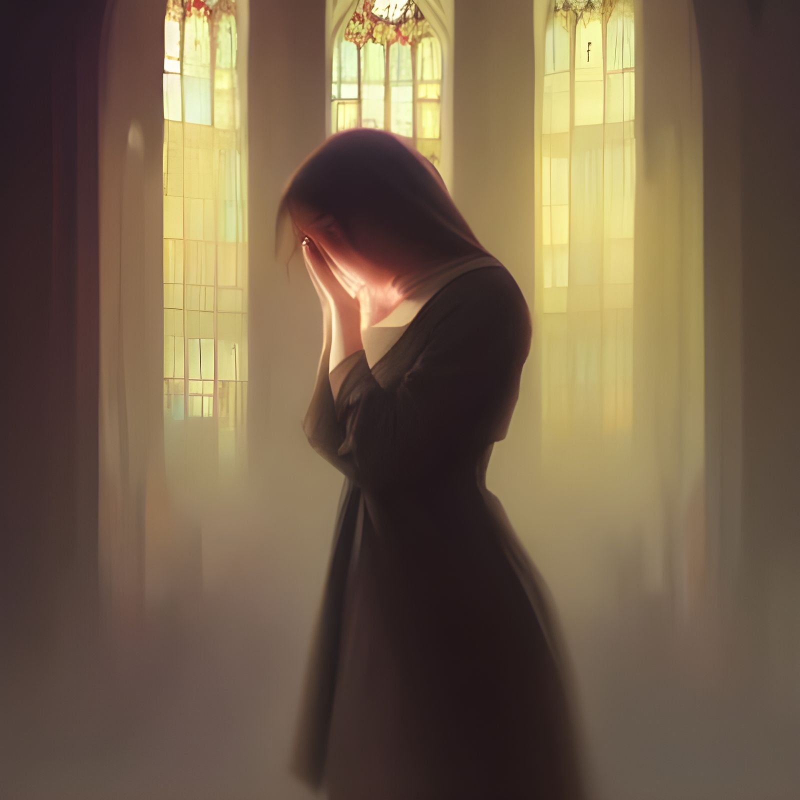 Woman Crying in Church: Detailed Matte Painting